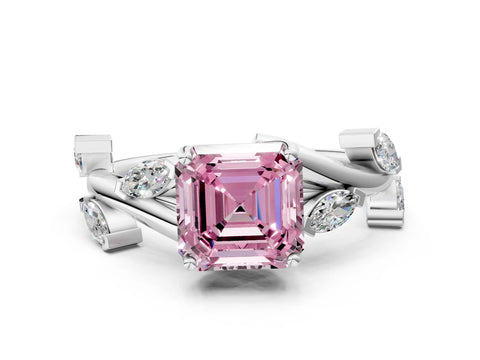 White gold Fancy Pink Asscher Cut Solitaire Twisted Band Marquise Accent Prong Setting Ring