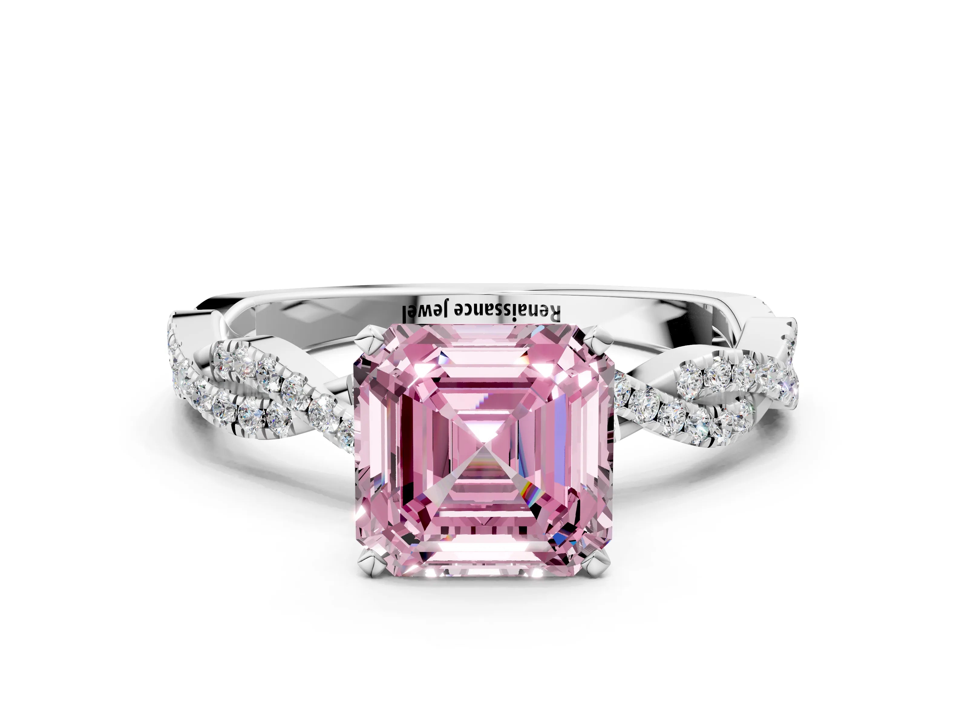 White gold Fancy Pink Asscher Cut Solitaire Twisted Pave Band with Four-Prong Setting_3