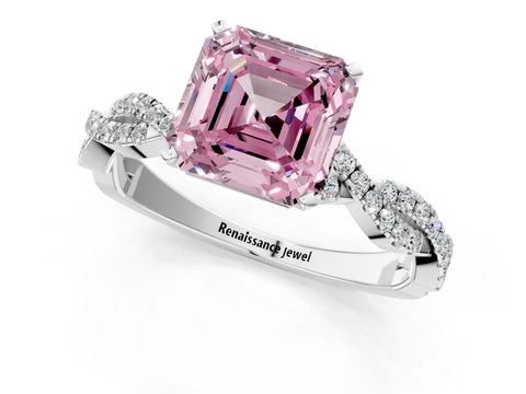 White gold Fancy Pink Asscher Cut Solitaire Twisted Pave Band with Four-Prong Setting_4