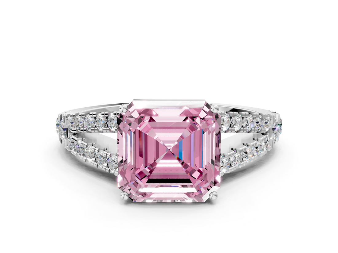 White gold Fancy Pink Asscher  Cut Split Shank Pave Diamond Engagement Ring with Four-Prong Setting