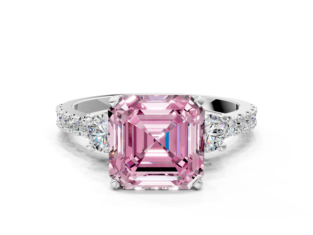 White gold Fancy Pink Asscher  Cut Three-Stone Diamond Pavé Band with Prong Setting_17