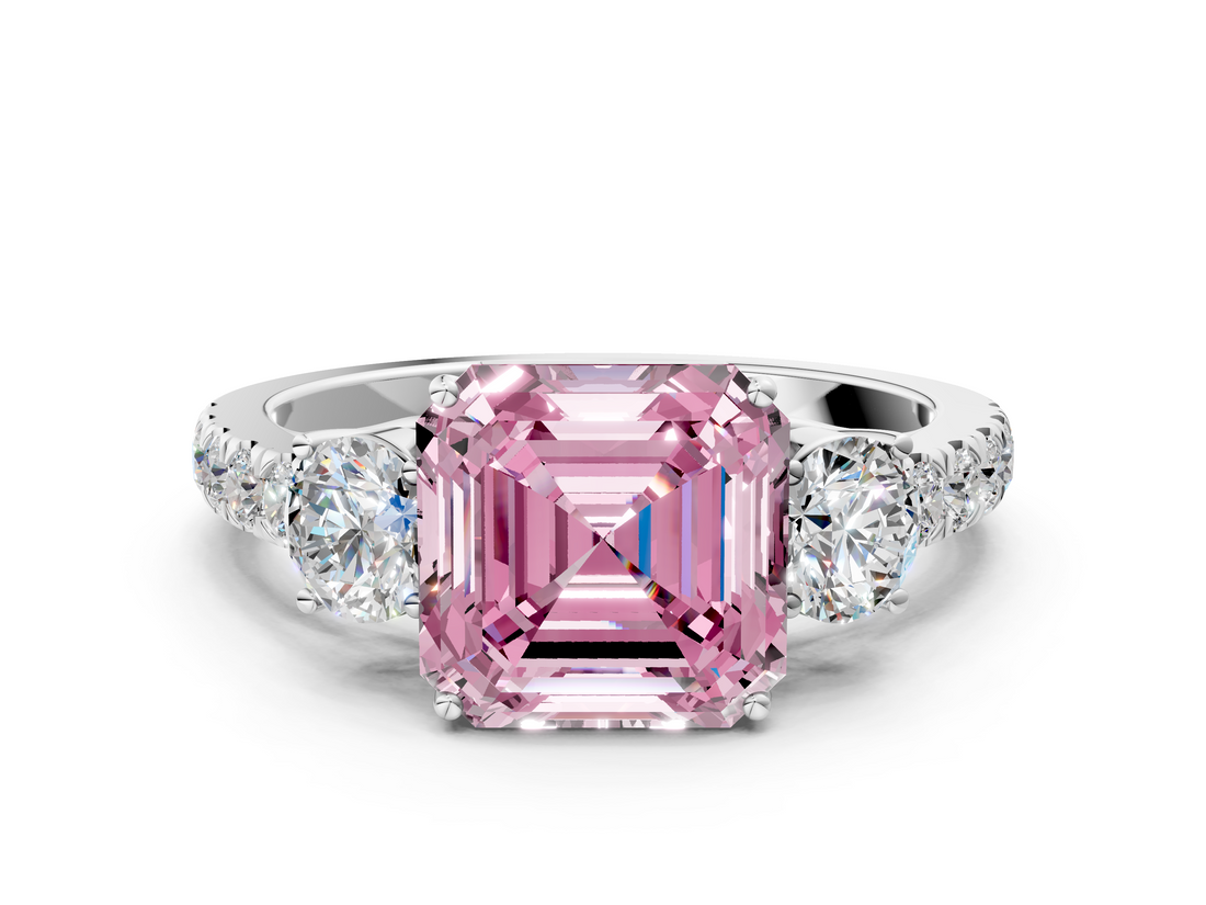 White gold Fancy Pink Asscher  Cut Three-Stone Diamond Pave Band with Prong Setting_51