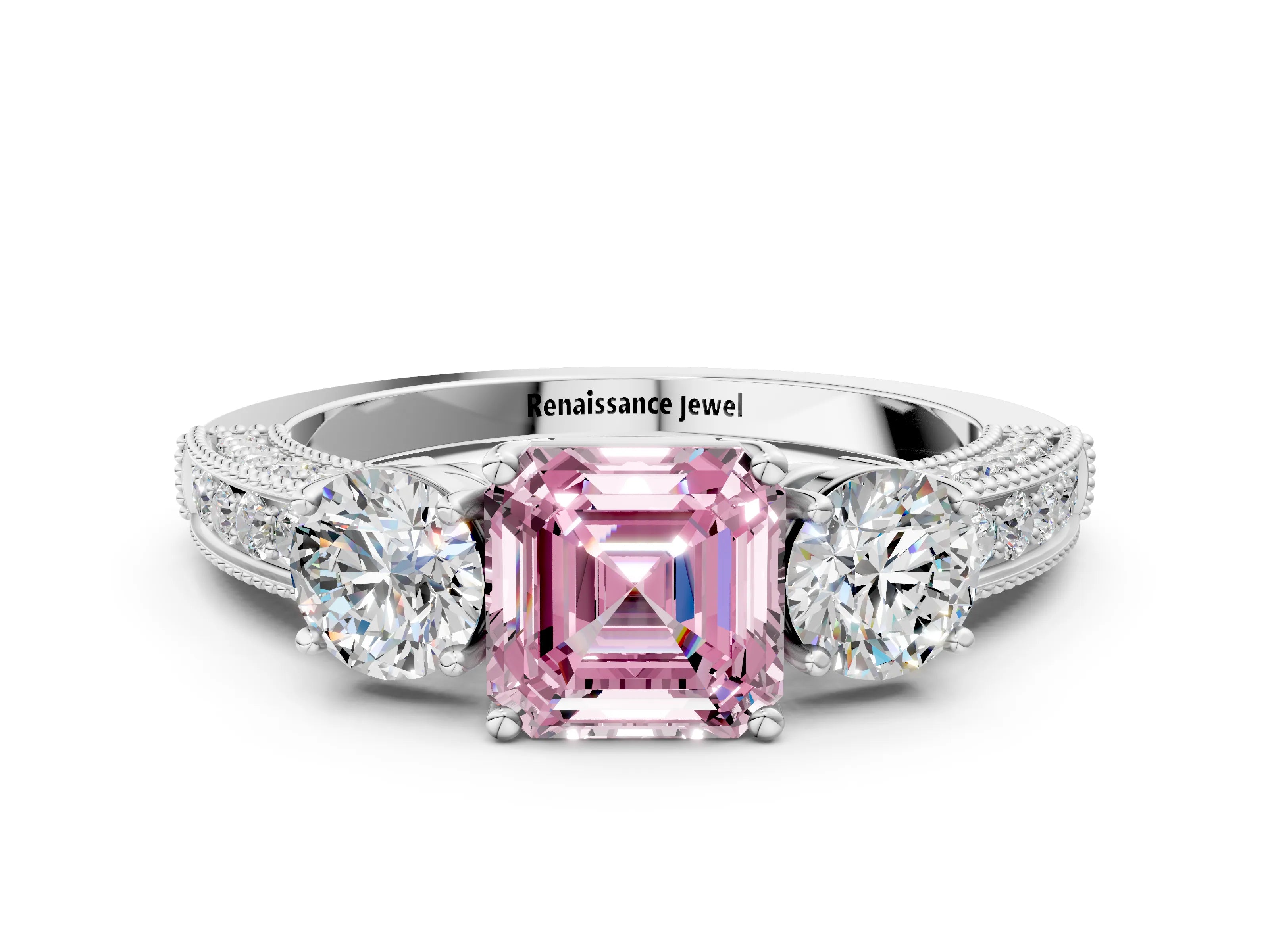 White gold Fancy Pink Asscher Cut Three-Stone Diamond Ring with Pavé Band and Four-Prong Setting_24