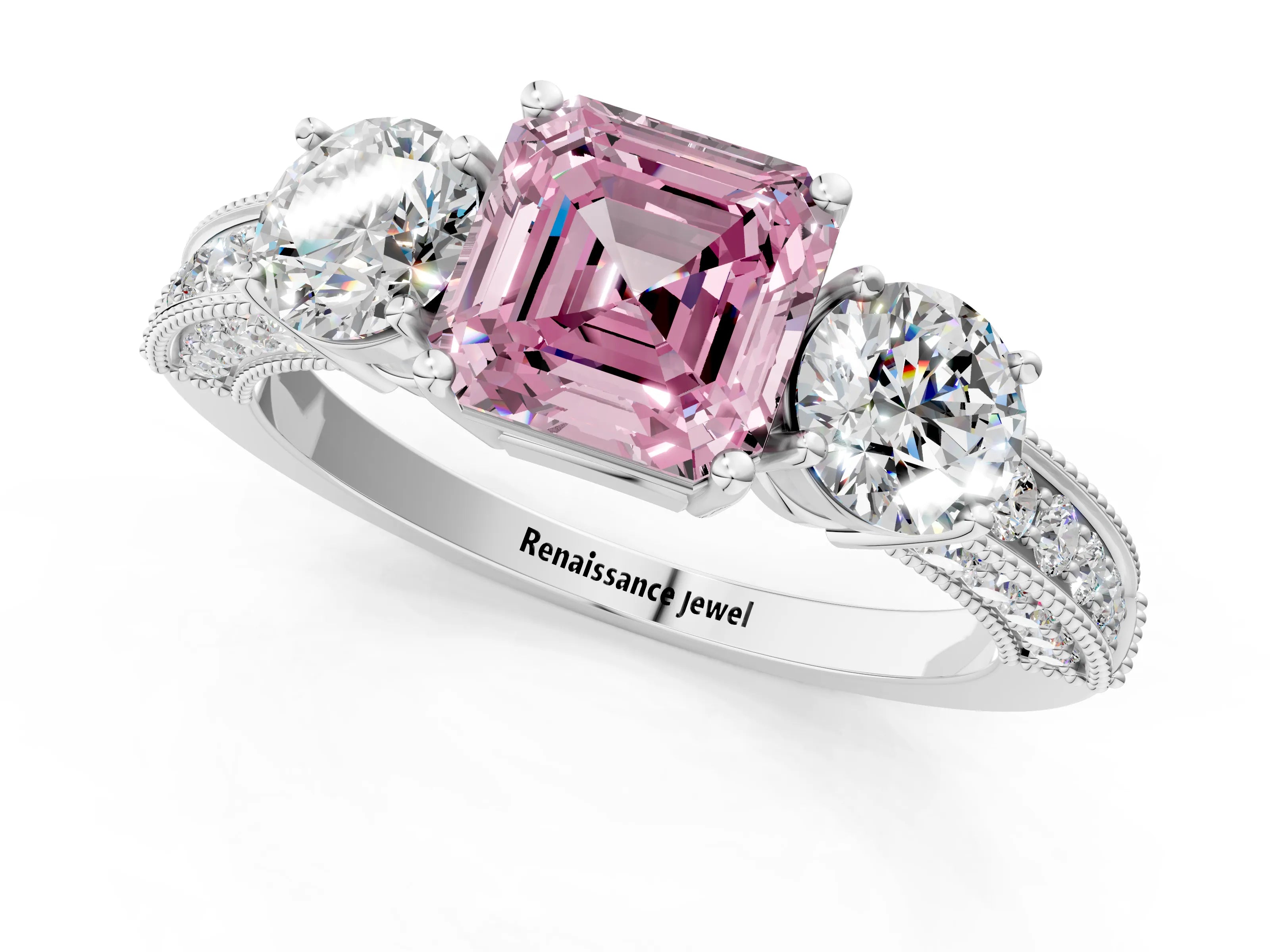 White gold Fancy Pink Asscher Cut Three-Stone Diamond Ring with Pavé Band and Four-Prong Setting_25