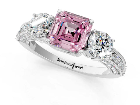 White gold Fancy Pink Asscher Cut Three-Stone Diamond Ring with Pavé Band and Four-Prong Setting_25