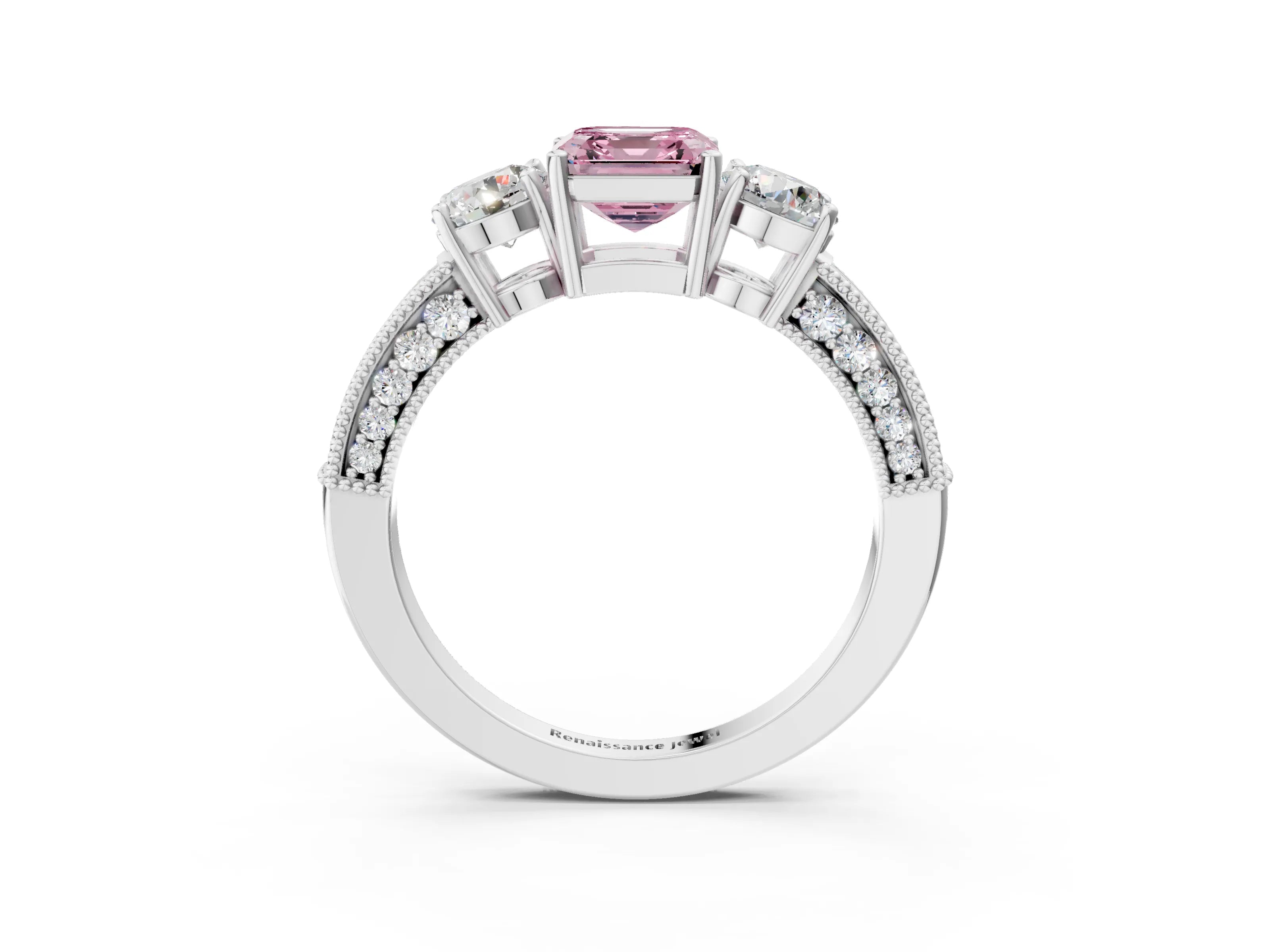 White gold Fancy Pink Asscher Cut Three-Stone Diamond Ring with Pavé Band and Four-Prong Setting_27