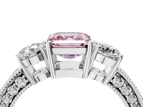 White gold Fancy Pink Asscher Cut Three-Stone Diamond Ring with Pavé Band and Four-Prong Setting_28