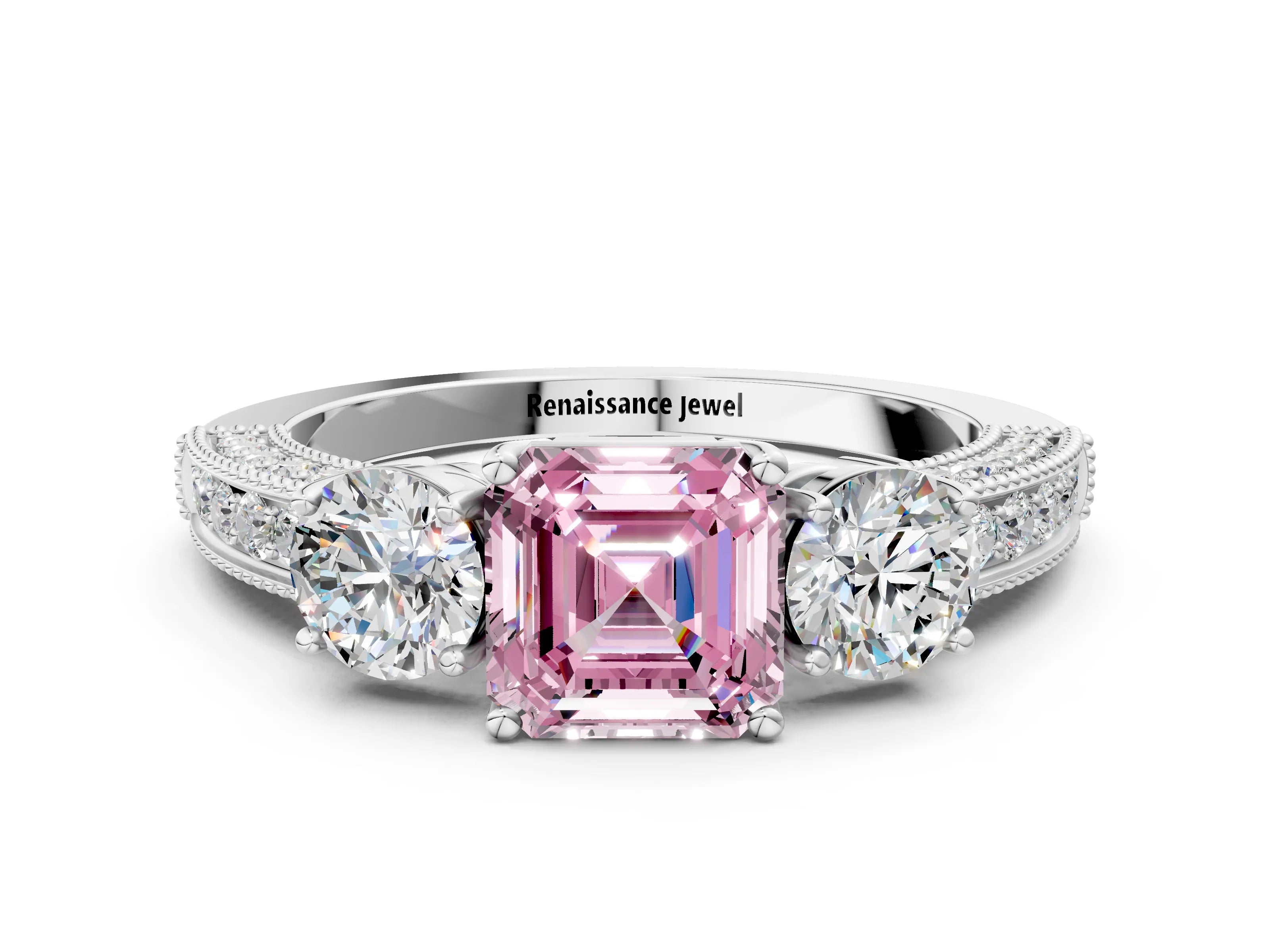 White gold Fancy Pink Asscher Cut Three-Stone Diamond Ring with Pavé Band and Four-Prong Setting_30