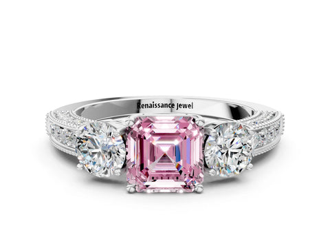 White gold Fancy Pink Asscher Cut Three-Stone Diamond Ring with Pavé Band and Four-Prong Setting_30