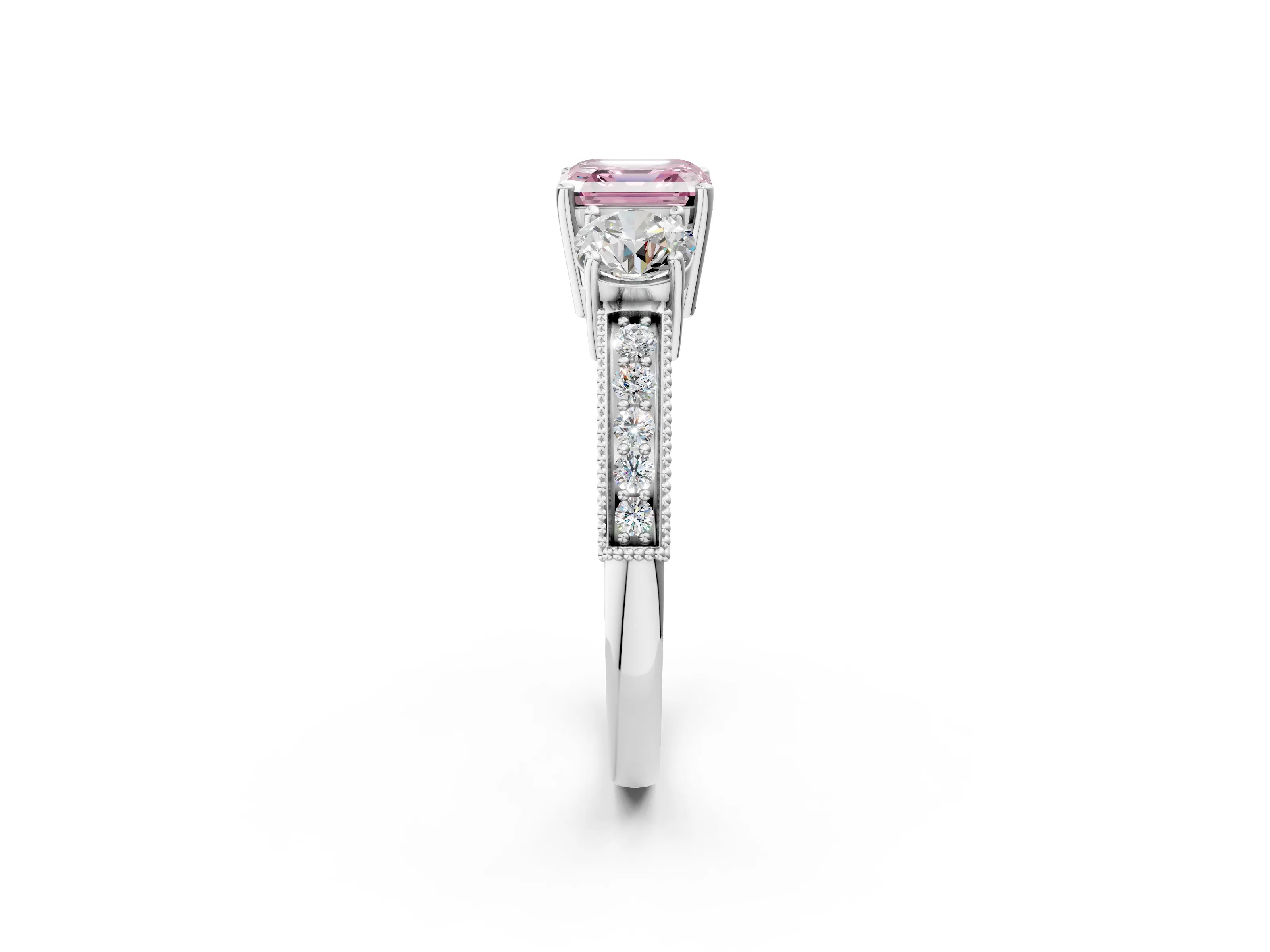 White gold Fancy Pink Asscher Cut Three-Stone Diamond Ring with Pavé Band and Four-Prong Setting_32