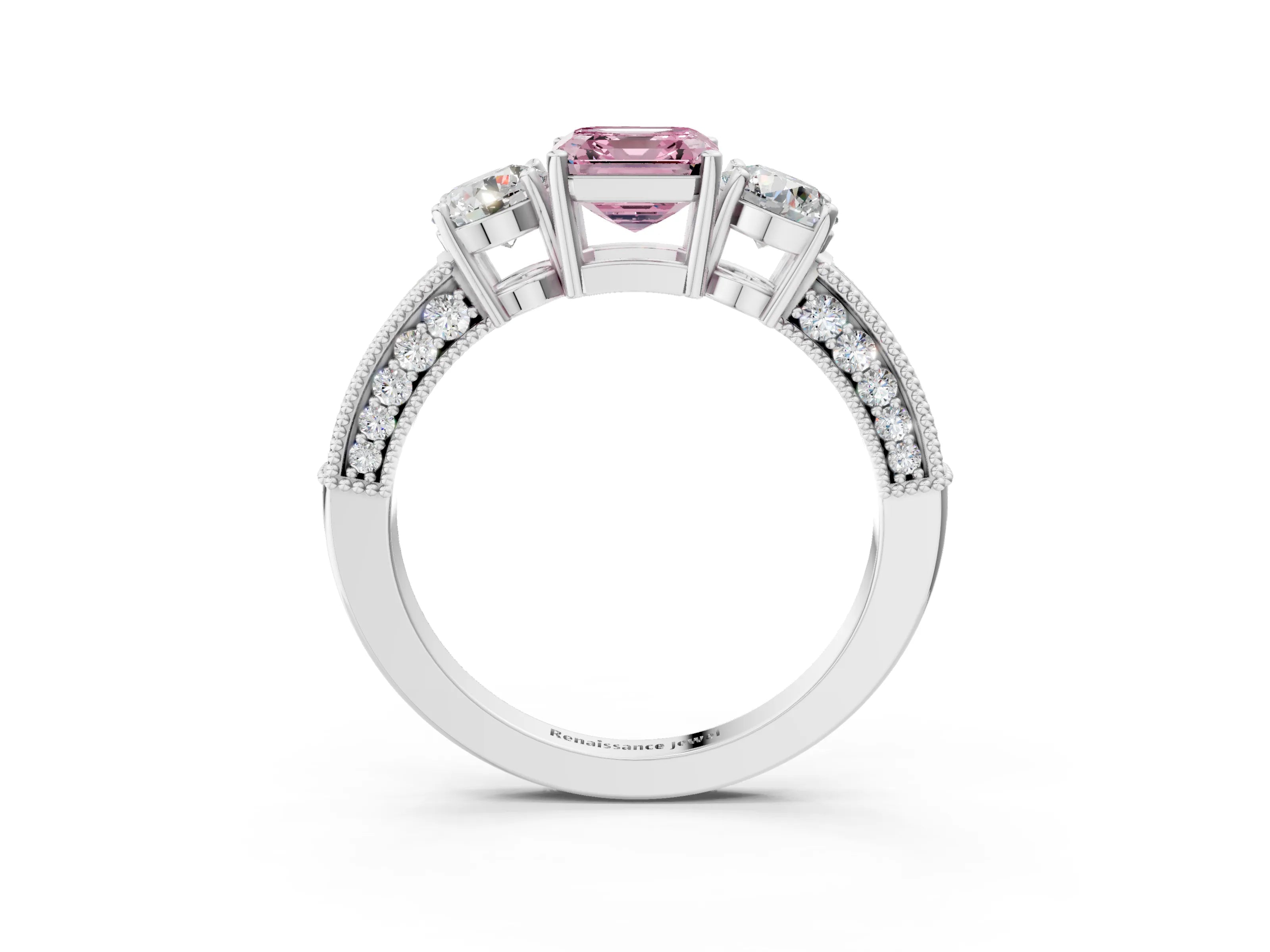 White gold Fancy Pink Asscher Cut Three-Stone Diamond Ring with Pavé Band and Four-Prong Setting_33