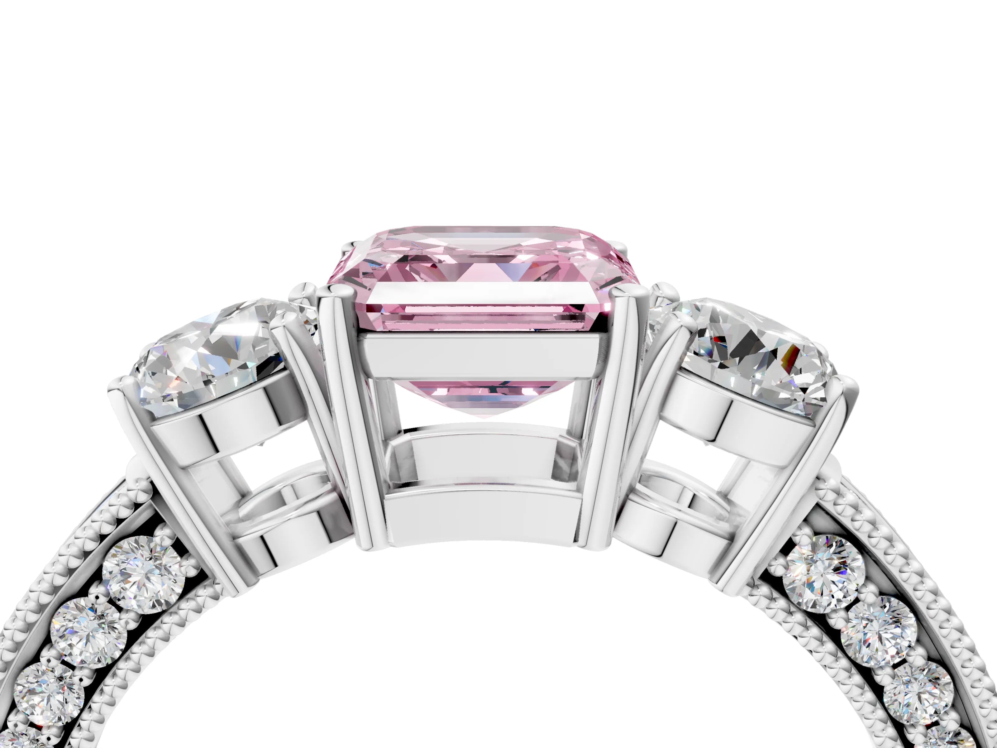 White gold Fancy Pink Asscher Cut Three-Stone Diamond Ring with Pavé Band and Four-Prong Setting_34