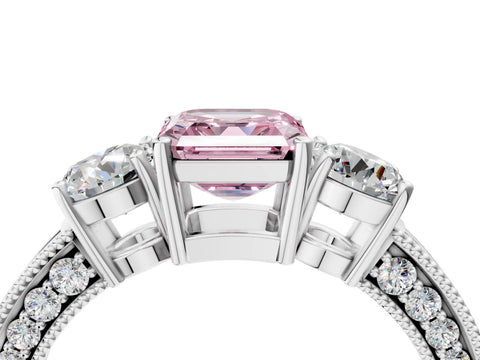 White gold Fancy Pink Asscher Cut Three-Stone Diamond Ring with Pavé Band and Four-Prong Setting_34
