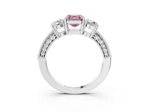 White gold Fancy Pink Asscher Cut Three-Stone Diamond Ring with Pavé Band and Four-Prong Setting_3