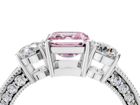 White gold Fancy Pink Asscher Cut Three-Stone Diamond Ring with Pavé Band and Four-Prong Setting_4