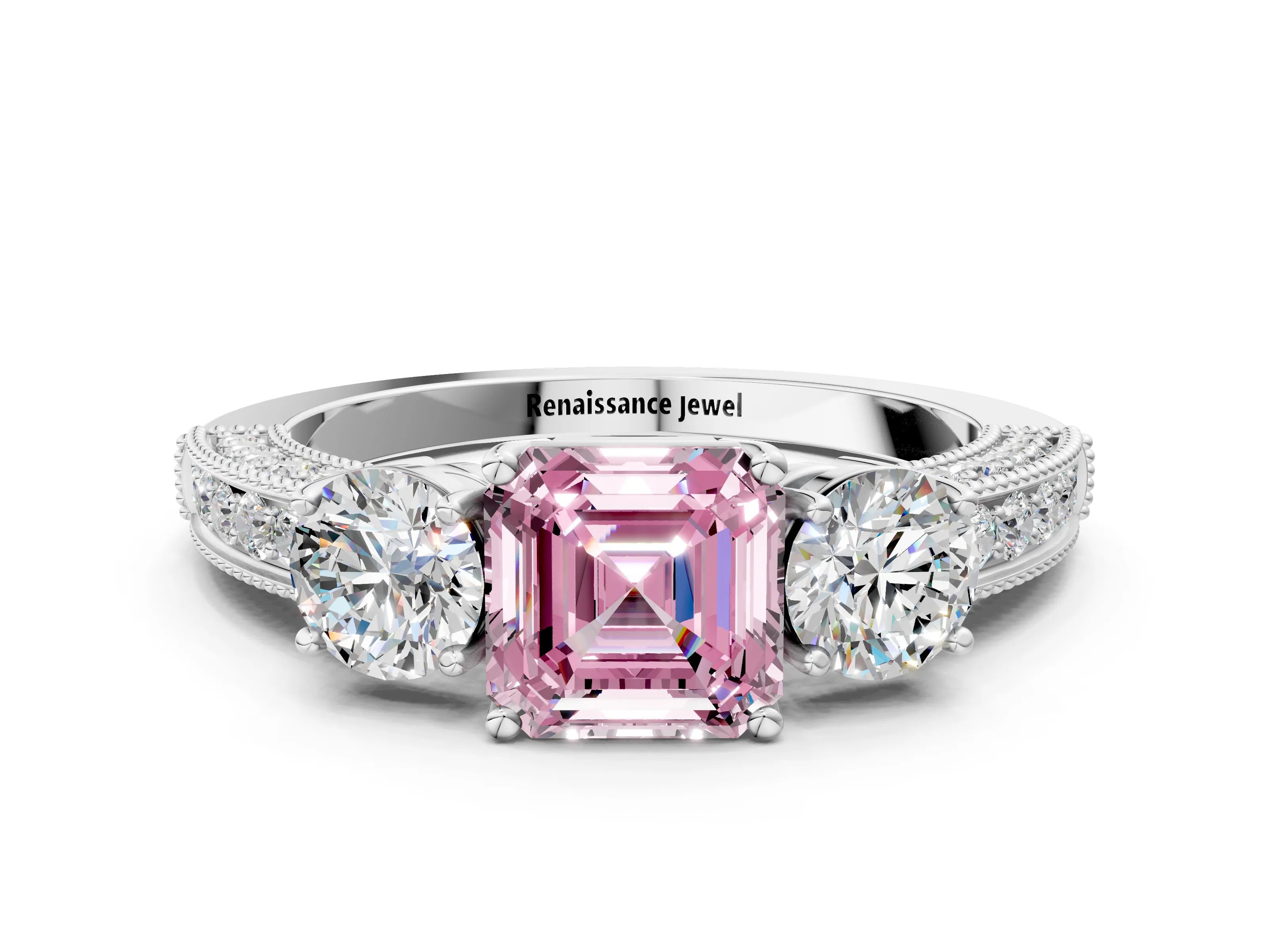 White gold Fancy Pink Asscher Cut Three-Stone Diamond Ring with Pavé Band and Four-Prong Setting