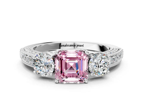 White gold Fancy Pink Asscher Cut Three-Stone Diamond Ring with Pavé Band and Four-Prong Setting