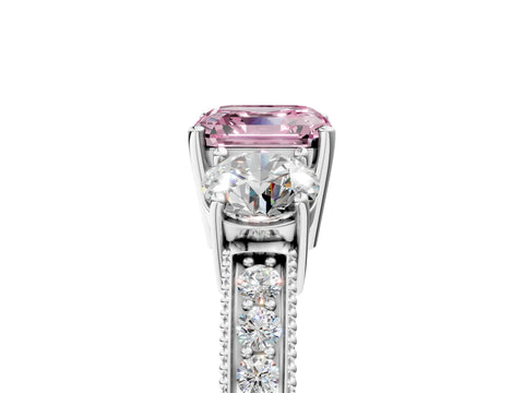 White gold Fancy Pink Asscher Cut Three-Stone Diamond Ring with Pavé Band and Four-Prong Setting_5