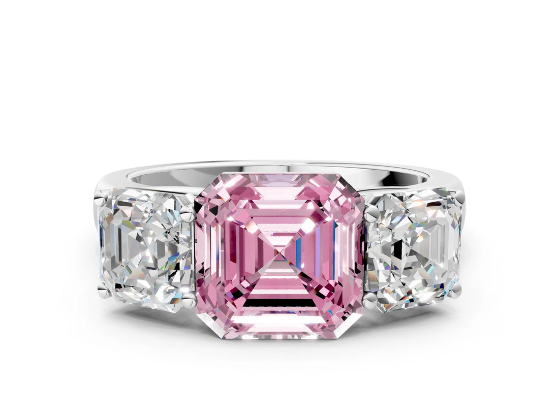 White gold Fancy Pink Asscher Cut Three-Stone Diamond Ring with Prong Setting on a Classic Band_12
