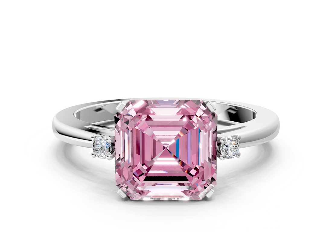 White gold Fancy Pink Asscher  Cut Three-Stone Solitaire Ring with Round Accent Diamonds and Four-Prong Setting_37