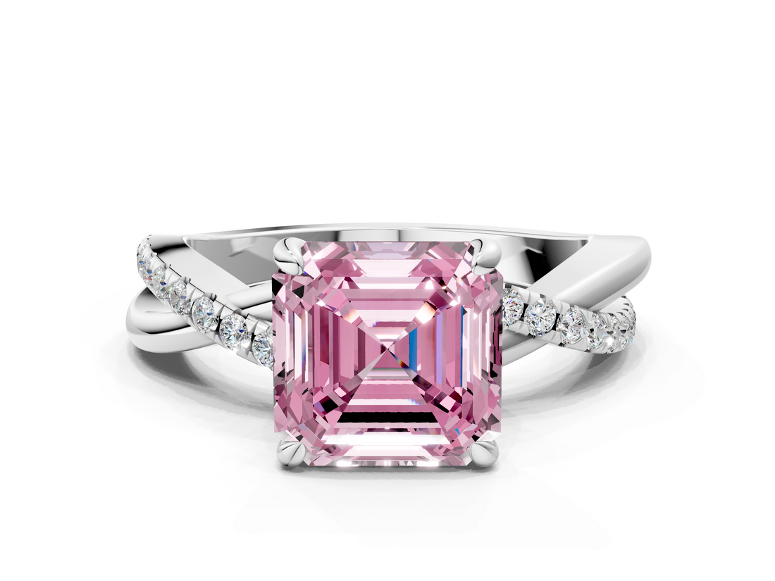 White gold Fancy Pink Asscher  Cut Twist Band Solitaire Diamond Ring with Pavé Setting_3
