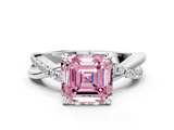 White gold Fancy Pink Asscher  Cut Twist Band Solitaire Diamond Ring with Pavé Setting_3
