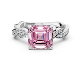 White gold Fancy Pink Asscher  Cut Twisted Pavé Band Solitaire Ring with Four-Prong Setting