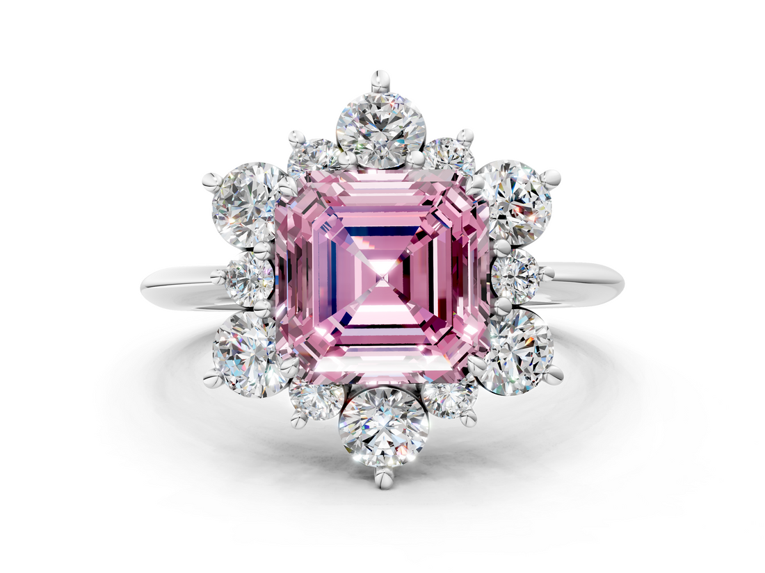 White gold Fancy Pink Asscher  Diamond Cluster Halo Ring with Solitaire Band and Four-Prong Setting