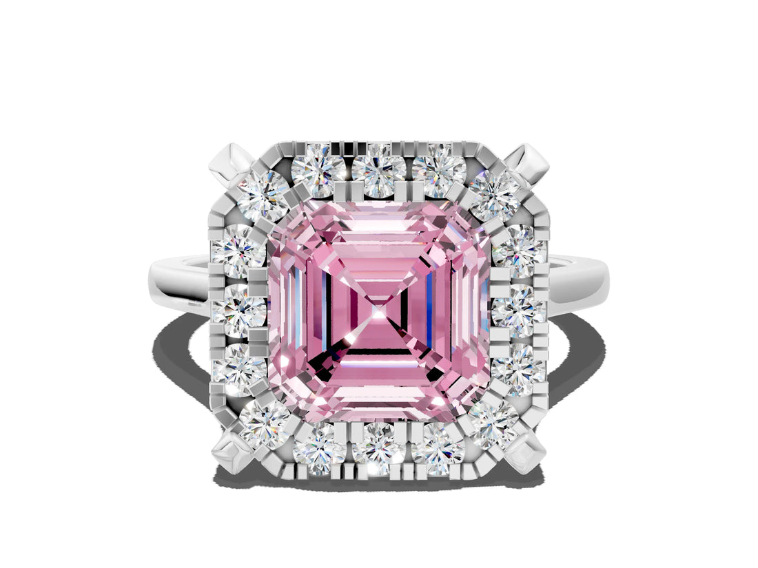 White gold Fancy Pink Asscher  Diamond Cluster Halo Solitaire with Four-Prong Setting_137