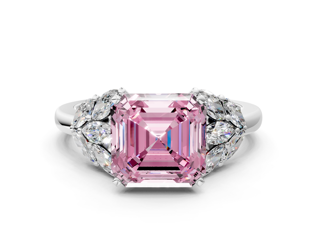 White gold Fancy Pink Asscher  Diamond Cluster Leaf Design Ring with Prong Setting_17