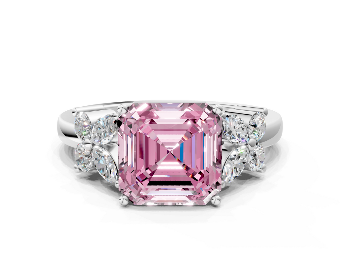 White gold Fancy Pink Asscher  Diamond Floral Cluster Ring with Solitaire Band and Prong Setting