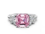 White gold Fancy Pink Asscher  Diamond Floral Cluster Ring with Solitaire Band and Prong Setting