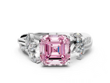 White gold Fancy Pink Asscher  Diamond Floral Vine Solitaire Engagement Ring
