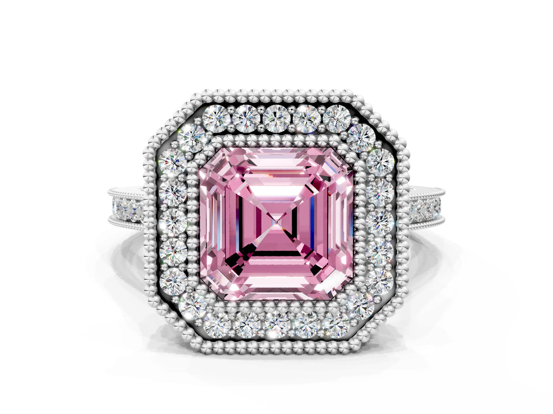 White gold Fancy Pink Asscher  Diamond Halo Ring with Milgrain Frame and Pavé Band_104