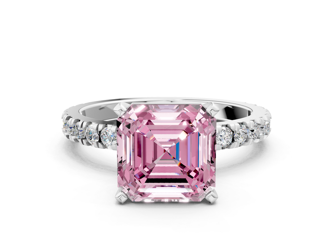 White gold Fancy Pink Asscher  Diamond Pavé Band Solitaire with Four-Prong Setting