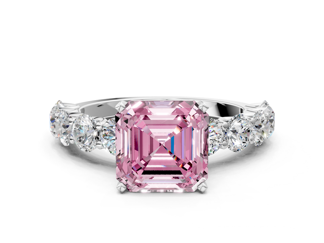 White gold Fancy Pink Asscher  Diamond Prong Setting with Side Stones on a Pave Band