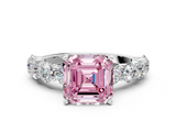 White gold Fancy Pink Asscher  Diamond Prong Setting with Side Stones on a Pave Band