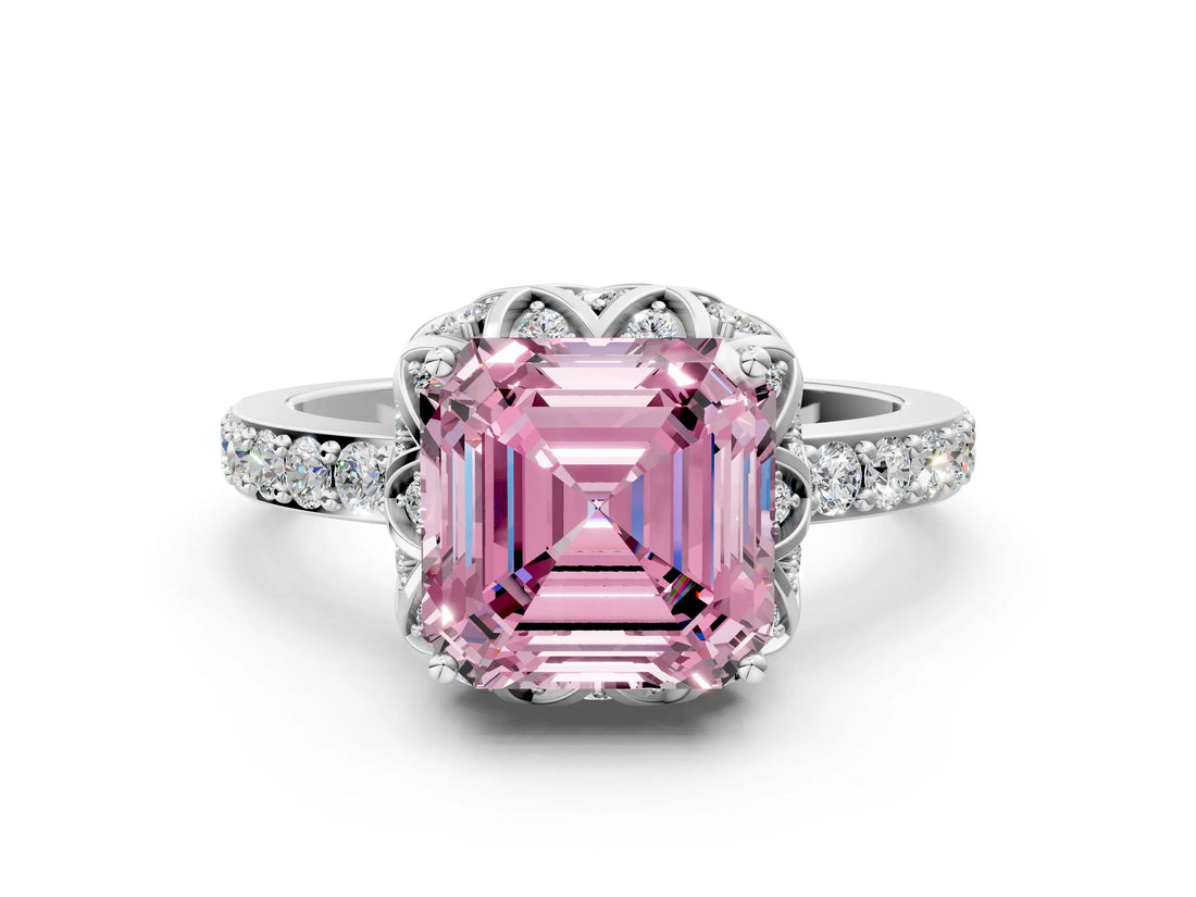 White gold Fancy Pink Asscher  Diamond Solitaire Ring with Shared Prong Pavé Band_24