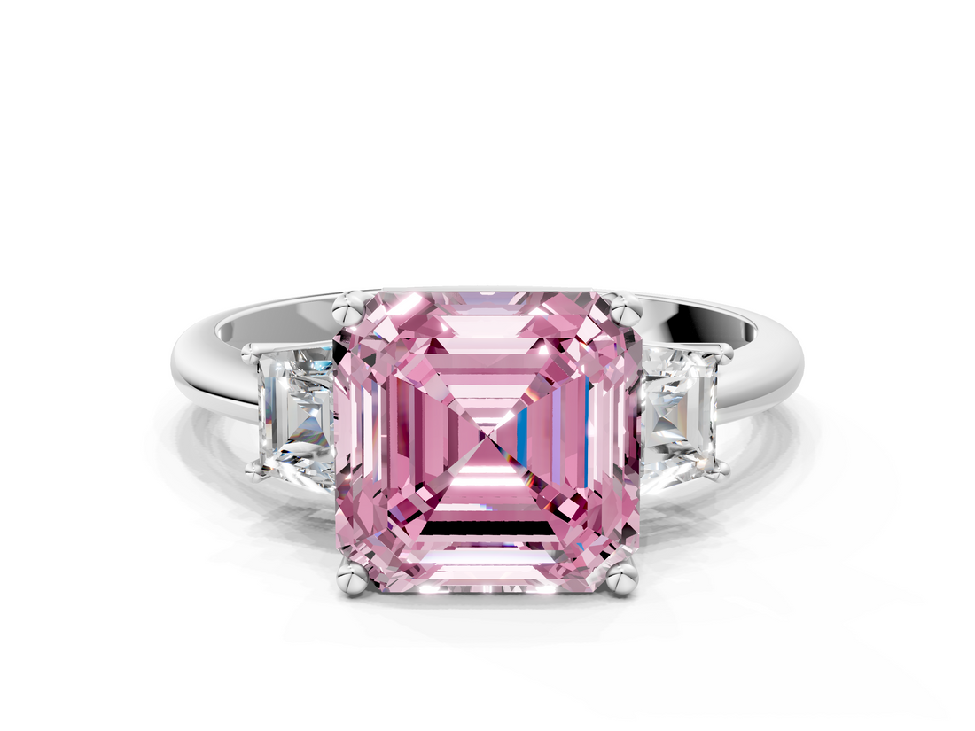 White gold Fancy Pink Asscher  Diamond Three-Stone Ring with Trapezoid Side Stones and Prong Setting_34
