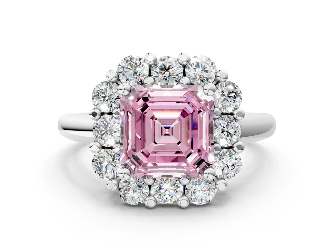 White gold Fancy Pink Asscher  Halo Cluster Diamond Engagement Ring with Prong Setting and Polished Band_20