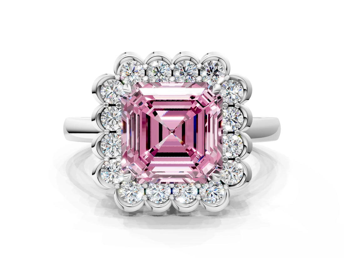White gold Fancy Pink Asscher  Halo Cluster Diamond Engagement Ring with Solitaire Band and Prong Setting_58