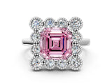 White gold Fancy Pink Asscher  Halo Diamond Cluster Engagement Ring with Milgrain Bezel Setting and Solitaire Band_39