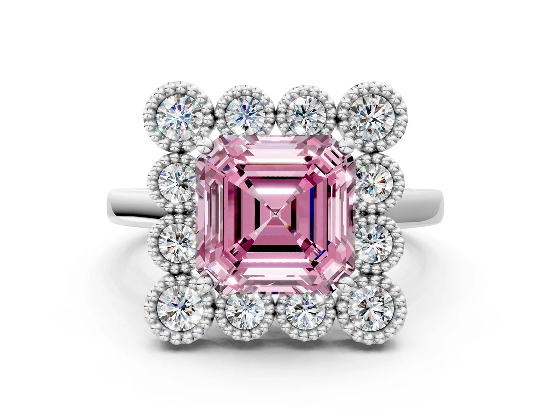 White gold Fancy Pink Asscher  Halo Diamond Cluster Engagement Ring with Milgrain Bezel Setting and Solitaire Band_39