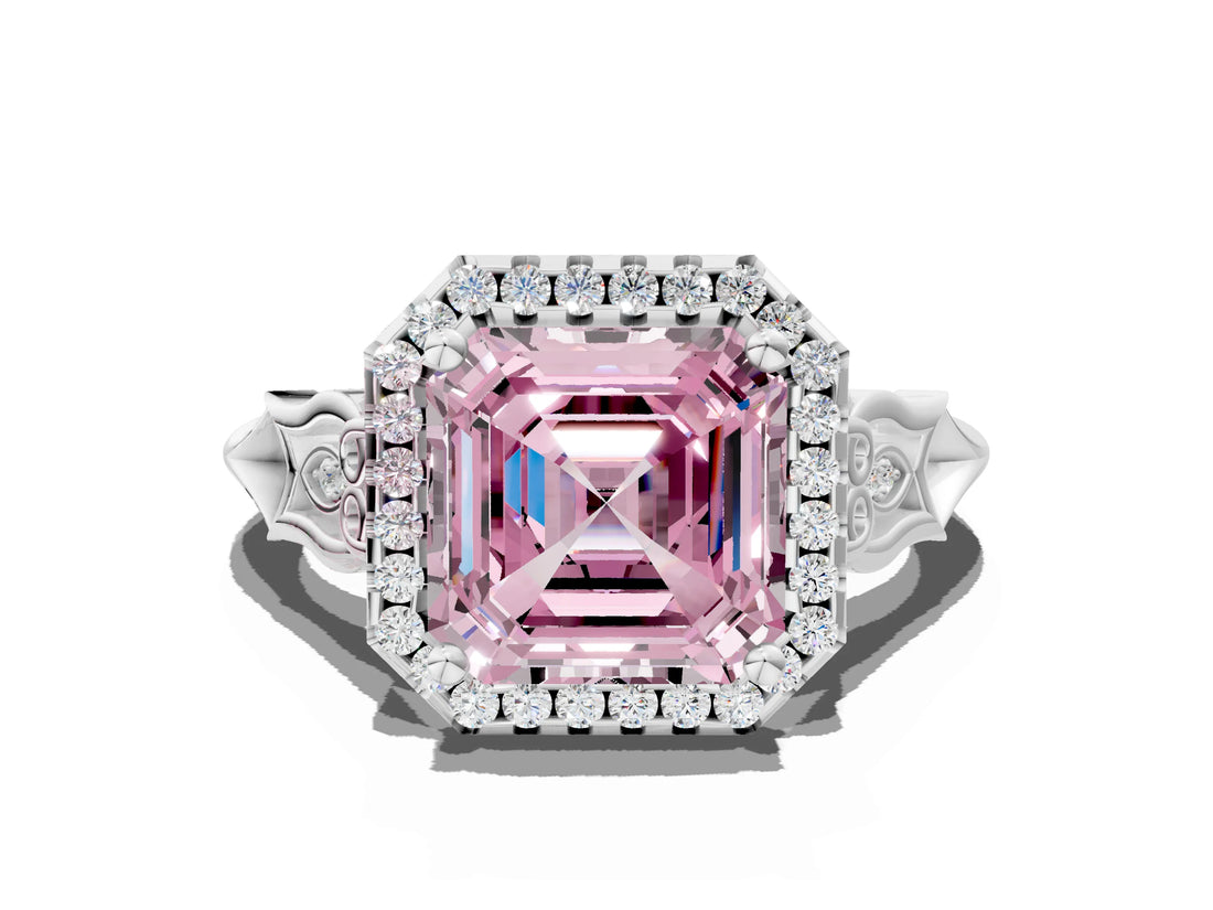 White gold Fancy Pink Asscher  Halo Diamond Engagement Ring with Filigree Band and Four-Prong Setting_93