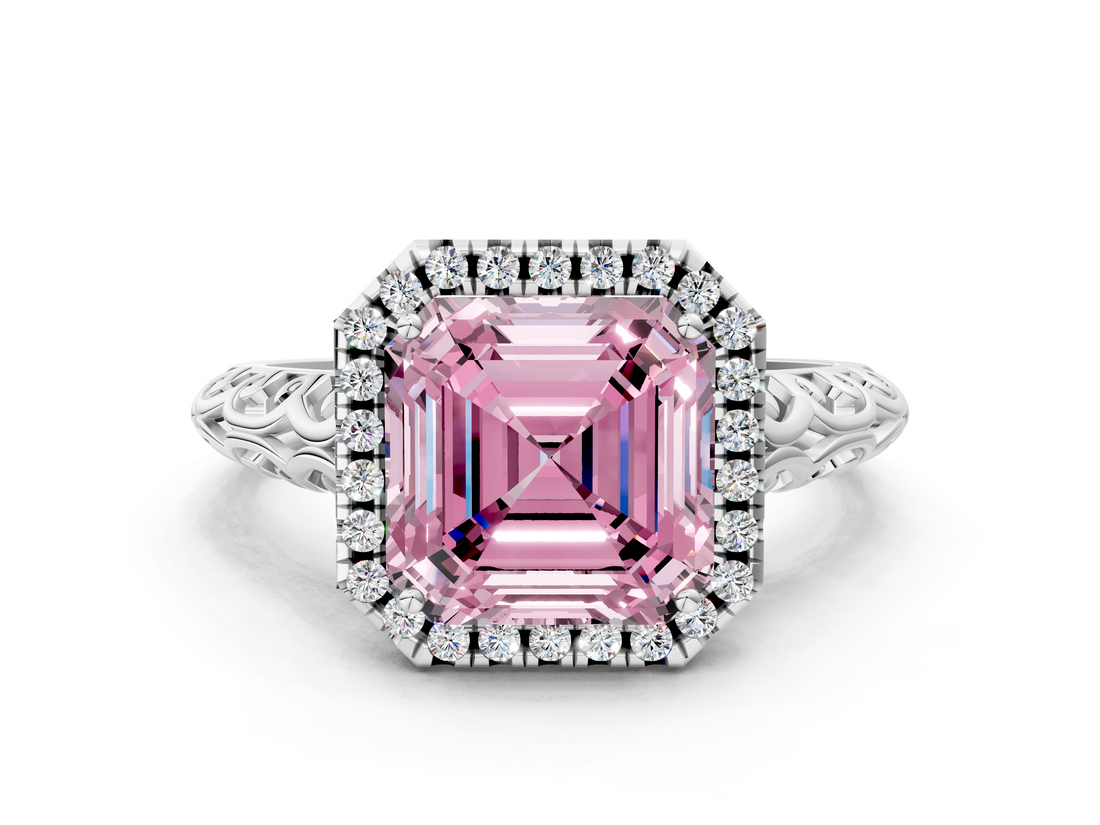 White gold Fancy Pink Asscher  Halo Diamond Engagement Ring with Intricate Filigree Band and Four-Prong Setting_17