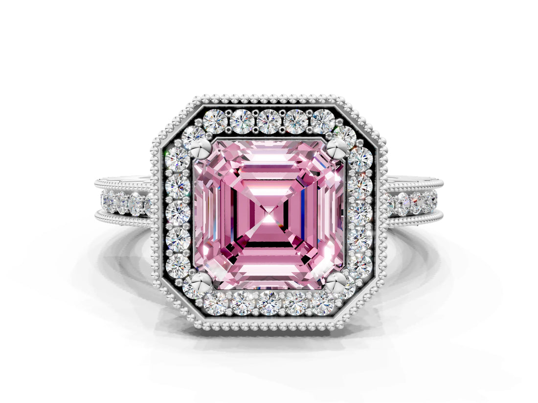 White gold Fancy Pink Asscher  Halo Diamond Engagement Ring with Milgrain Pave Band and Four-Prong Setting_51