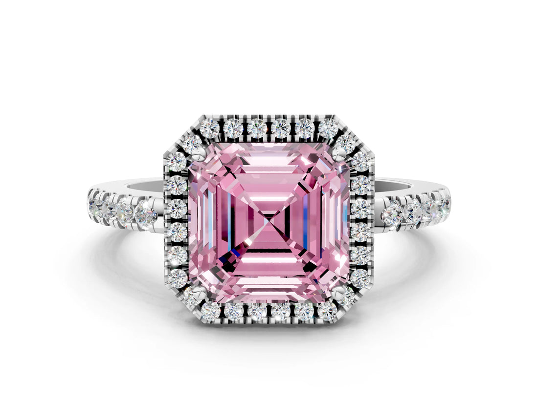 White gold Fancy Pink Asscher  Halo Diamond Engagement Ring with Pavé Band and Four-Prong Setting_20