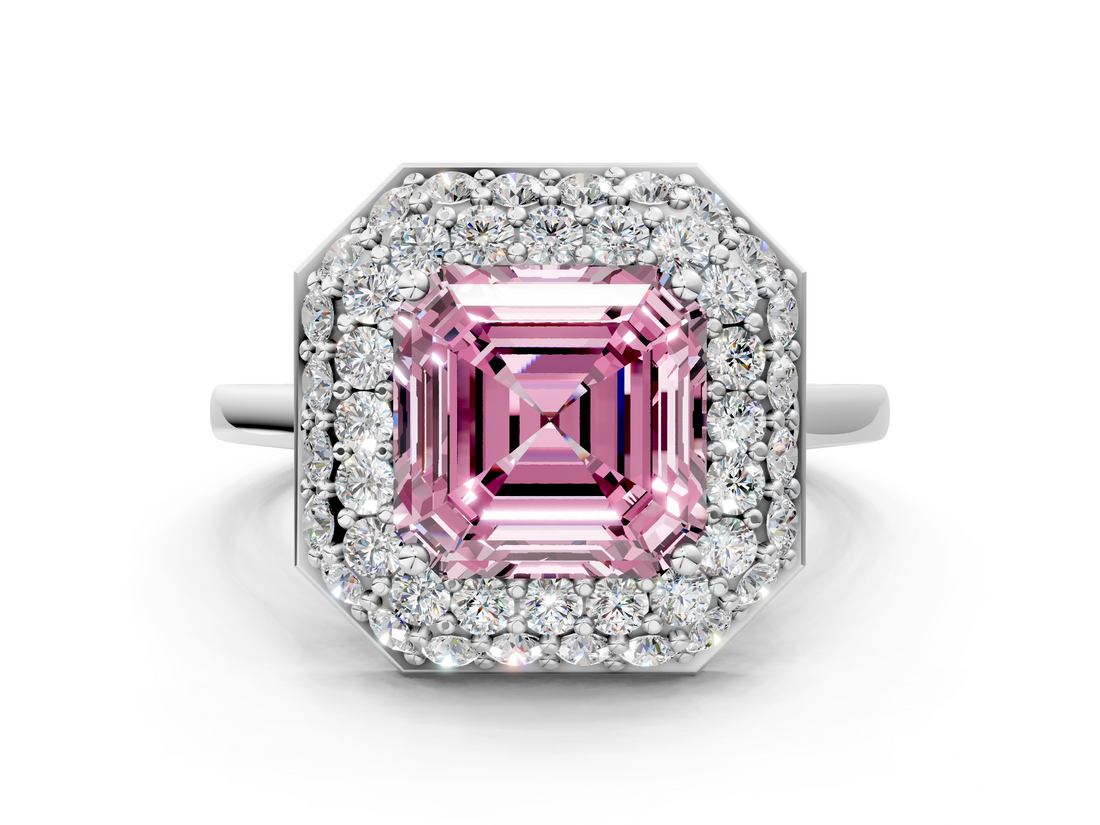 White gold Fancy Pink Asscher  Halo Diamond Engagement Ring with Solitaire Band and Four-Prong Setting_17