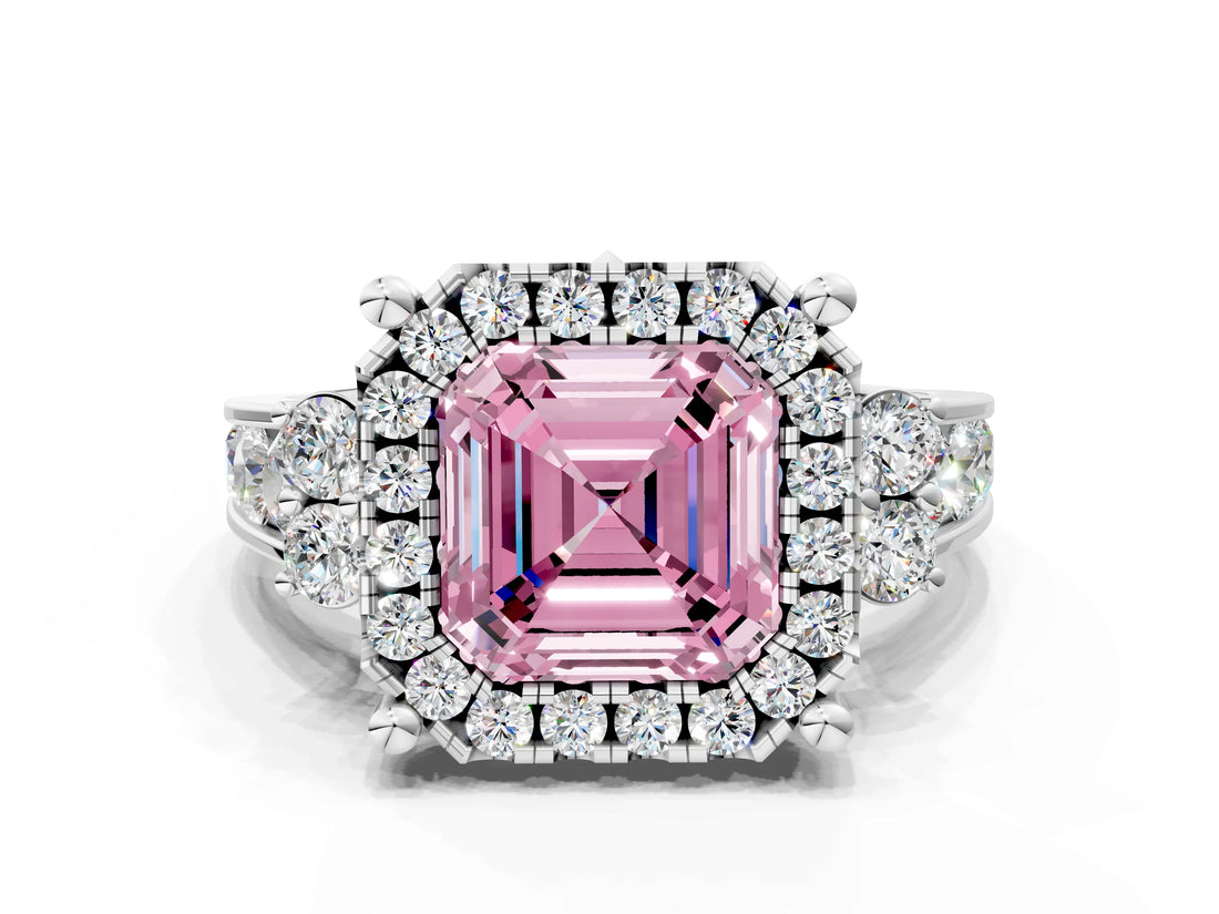 White gold Fancy Pink Asscher  Halo Diamond Engagement Ring with Split Shank and Four-Prong Setting_47