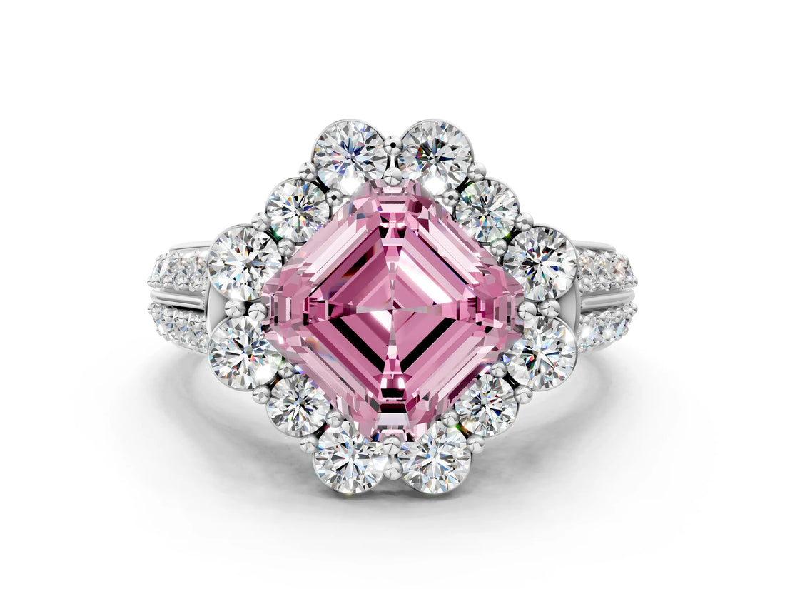 White gold Fancy Pink Asscher  Halo Diamond Engagement Ring with Split Shank and Prong Setting_47